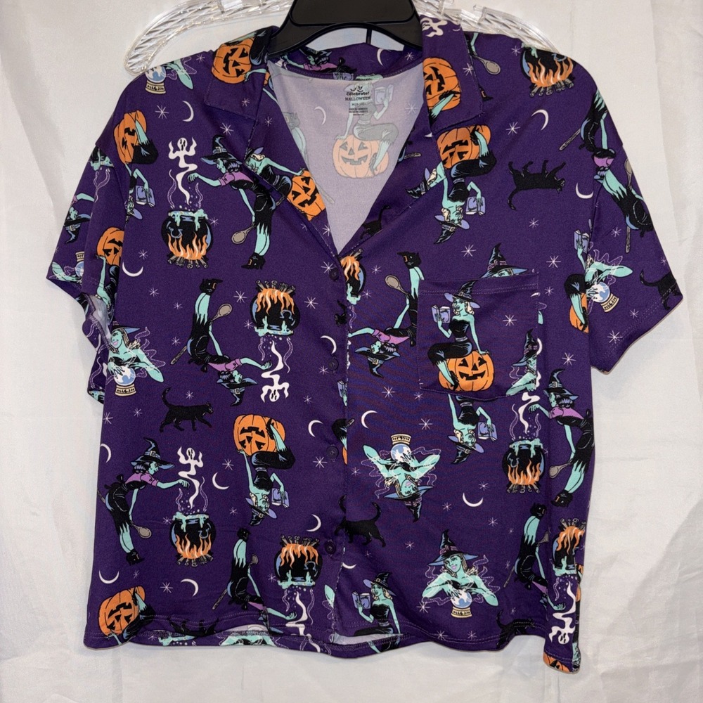 Way To Celebrate Halloween 2025 Purple Witch Black Cat Short Pajama Set Medium